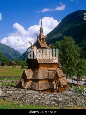 Borgund doga Chiesa, Laerdal, Sogn og Fjordane, Norvegia. Foto Stock