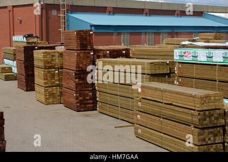 Pile di legname importato su procedure Dockside Wizard a Shoreham Harbour nel West Sussex, in Inghilterra Foto Stock