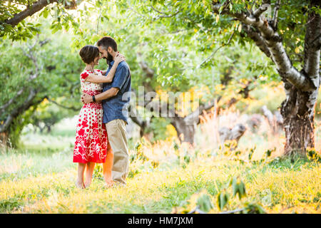 Giovane abbracciando in Cherry Orchard Foto Stock
