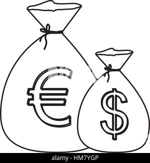 Contorno monocromatica con sacchi di denaro con il simbolo di valuta dollaro ed euro illustrazione vettoriale Illustrazione Vettoriale