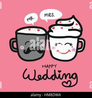 Felice matrimonio carino coppia tazza da caffè cartoon illustrazione su sfondo rosa Illustrazione Vettoriale