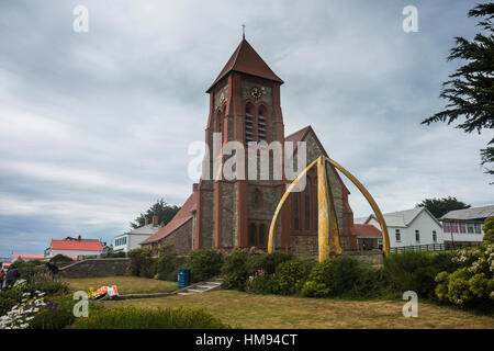 Cattedrale e Whalebone Arch, Stanley, capitale delle Isole Falkland, Sud America Foto Stock