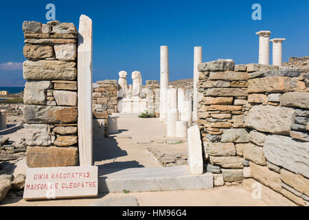 Resti archeologici della casa di Cleopatra, Delos, Cicladi, Egeo meridionale, le isole greche, Grecia Foto Stock