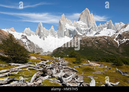 Vista del Monte Fitz Roy sulla Laguna de los Tres trail, El Chalten, Patagonia, Argentina, Sud America Foto Stock