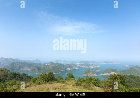 Una vista del calcaree spettacolari formazioni carsiche in Lan Ha Baia di Halong Bay, Vietnam Foto Stock