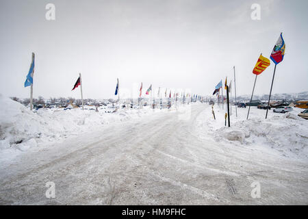 Ingresso al Oceti Sakowin Camp, la palla di cannone, il Dakota del Nord, Stati Uniti, gennaio 2017 Foto Stock