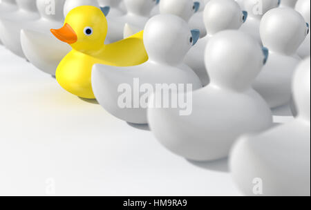 Un non conformista raffigurazione di una gomma gialla bath duck nuoto contro il flusso di bianco le papere di gomma su un isolato bianco di sfondo per studio. 3D ren Foto Stock