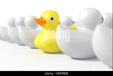 Un non conformista raffigurazione di una gomma gialla bath duck nuoto contro il flusso di bianco le papere di gomma su un isolato bianco di sfondo per studio. 3D ren Foto Stock