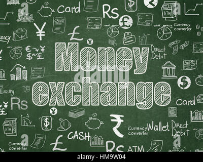 Concetto bancario: Chalk testo bianco lo scambio di denaro sul bordo della scuola con sfondo disegnato a mano le icone delle finanze, School Board Foto Stock