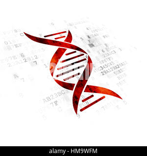 Il concetto di assistenza sanitaria: pixel rosso icona di DNA su sfondo digitale Foto Stock
