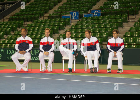 Tokyo, Giappone. 2° febbraio 2017. Davis Cup by BNP Paribas 1° round Giappone v Francia - Francese Davis Cup squadra di tennis durante la cerimonia di assorbimento. (L-R) Yannick Noah, Richard Gasquet e Gilles Simon, Nicolas MAHUT, Pierre-Hugues Herbert (FRA), Tennis : Tokyo Ariake Davis Cup by BNP Paribas 1° round Giappone v Francia - Francese Davis Cup squadra di tennis durante la cerimonia di assorbimento. Credito: Yan Lerval/AFLO/Alamy Live News Foto Stock