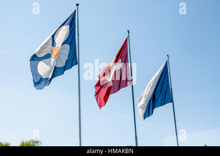 Bandiere di Zurigo e la Svizzera sulla bandiera poli su un giorno di estate a Zurigo con il blu del cielo Foto Stock