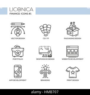 Progettazione - linea sottile icone del design, pittogrammi Illustrazione Vettoriale