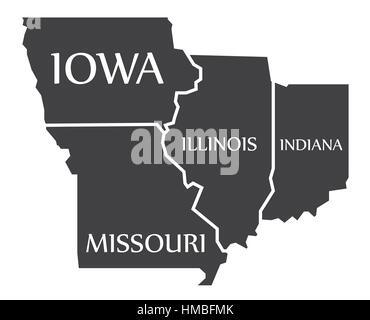 Iowa - Missouri - Illinois - Indiana Mappa etichettati illustrazione nero Illustrazione Vettoriale