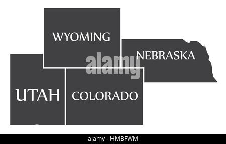 Utah - Wyoming - Colorado - Nebraska Mappa etichettati illustrazione nero Illustrazione Vettoriale