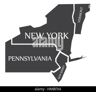 Vermont - New York - Pennsylvania - New Jersey Mappa etichettati illustrazione nero Illustrazione Vettoriale