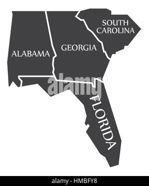 Alabama - Georgia - Carolina del Sud - Florida Mappa etichettati illustrazione nero Illustrazione Vettoriale
