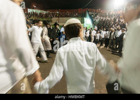 MERON, Israele - 18 Maggio 2014: ebrei ortodossi danza al hillulah annuale del Rabbino Shimon bar Yochai, in Meron, sul gruppo LAG BaOmer vacanza. Si tratta di un annua Foto Stock