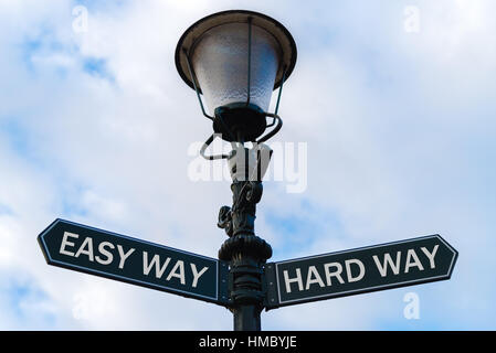 Street palo di illuminazione con due opposte frecce direzionali blu su sfondo nuvoloso. Modo semplice contro il modo difficile concetto. Foto Stock