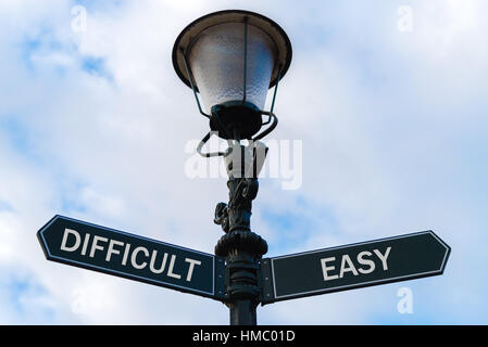 Street palo di illuminazione con due opposte frecce direzionali blu su sfondo nuvoloso. Difficile rispetto al semplice concetto. Foto Stock