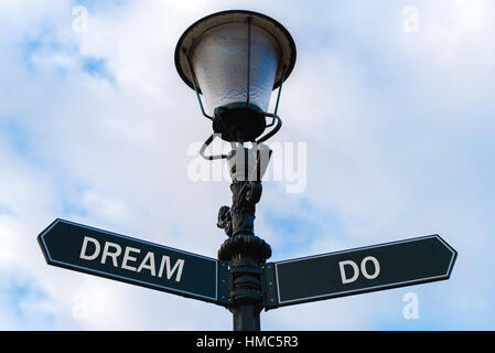 Street palo di illuminazione con due opposte frecce direzionali blu su sfondo nuvoloso. Sogno rispetto al concetto di fare. Foto Stock