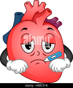 Il Mascot illustrazione della malattia di un cuore umano usando un termometro per controllare la sua temperatura Foto Stock