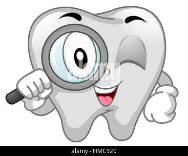 Il Mascot illustrazione di un bianco pulito dente umano in possesso di una lente di ingrandimento Foto Stock