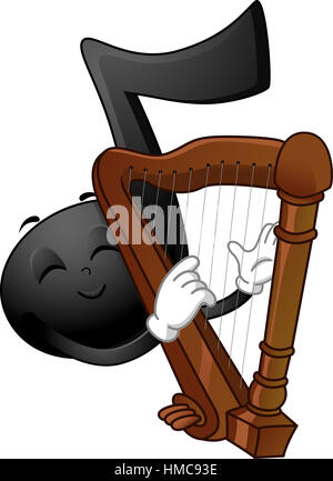 Il Mascot illustrazione di un Nero nota musicale di accarezzare le corde di un arpa Foto Stock