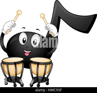 Il Mascot illustrazione di un Nero nota musicale felicemente Pounding una coppia di timpani Foto Stock