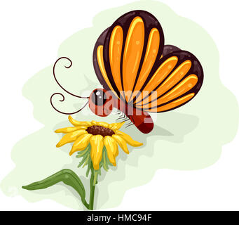 Whimsical Illustrazione degli animali di una farfalla gialla che fluttua sopra un girasole Foto Stock