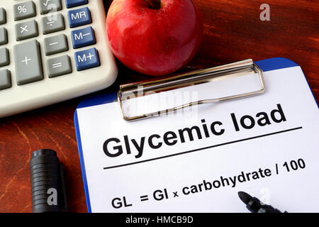 Una carta con il titolo carico glicemico e formula. Foto Stock