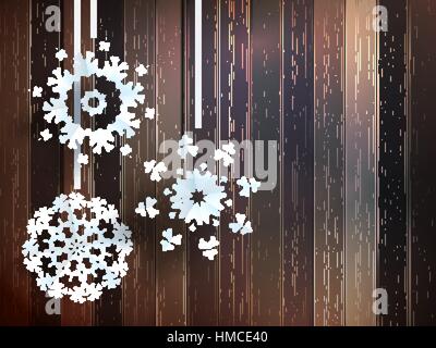 Decorazioni di Natale, i fiocchi di neve appesa sopra lo sfondo di legno. EPS vettore 10 Illustrazione Vettoriale
