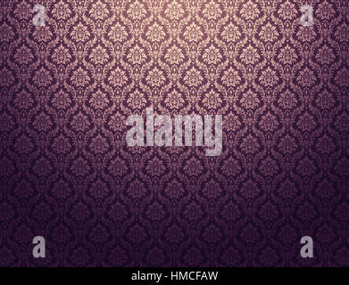 Viola la carta da parati damascata con golden motivi floreali Foto Stock