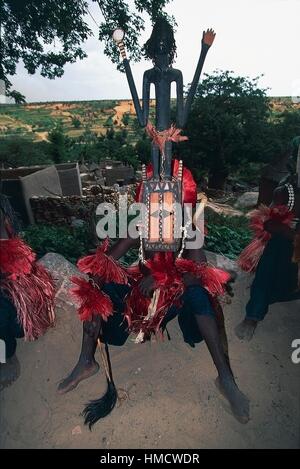 Dogon ballerino Lady indossare maschere Superior eseguendo la Dama o mascherato danza funebre, Tirelli village, Bandiagara scarpata, Foto Stock