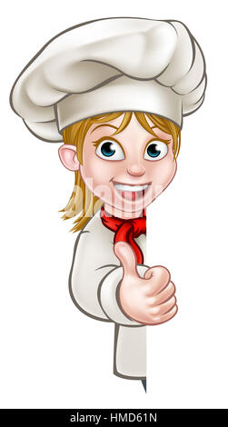 Cartoon chef o baker donna dando carattere Thumbs up e spiata intorno a firmare o dello sfondo Foto Stock