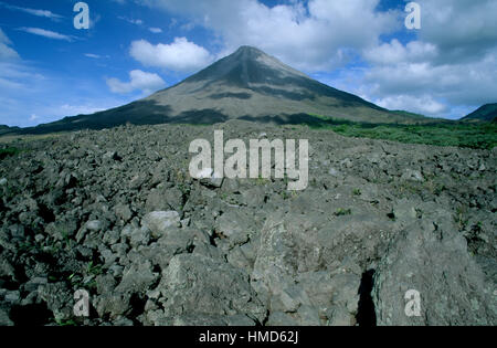 Il Vulcano Arenal un vecchio flusso di lava dal 1992. Vista dal Parco Nazionale Arenal, Costa Rica Foto Stock