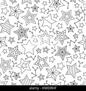 Modello senza cuciture con contorno di stelle. Libro da colorare pagina per adulti e bambini di età superiore. Illustrazione Vettoriale