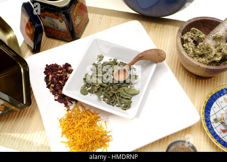 Yarrow, calendula, ortica e frutta tè, tipo di tè Foto Stock