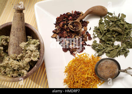 Yarrow, calendula, ortica e frutta tè, tipo di tè Foto Stock