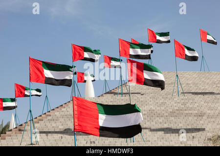 Molte bandiere nazionali degli Emirati arabi uniti per celebrare il quarantacinquesimo giorno nazionale in Mezairaa, EMIRATI ARABI UNITI Foto Stock