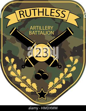 Artiglieria emblema militare patch con cannoni, il nastro e il ramo di quercia. Esercito chevron logo su sfondo comouflage Illustrazione Vettoriale