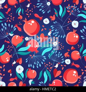 Seamless pattern luminoso con gli amanti degli uccelli e melograni Illustrazione Vettoriale