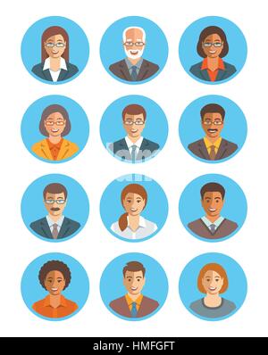 La gente di affari vettore set di avatar. Il team Aziende le icone. Le donne e gli uomini in abiti, giovani e senior e caucasica americano africano di caratteri. Azienda Illustrazione Vettoriale