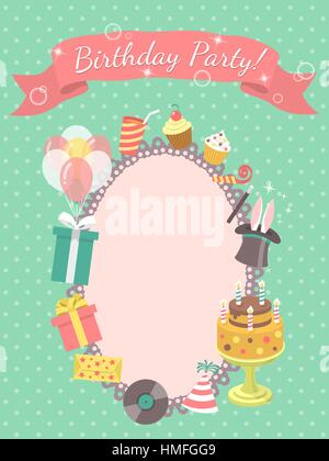 Appartamento moderno festa di compleanno invito scheda con i simboli di compleanno, come doni, palloncini e torta di compleanno con le candele, con iscrizione su un nastro di un Illustrazione Vettoriale