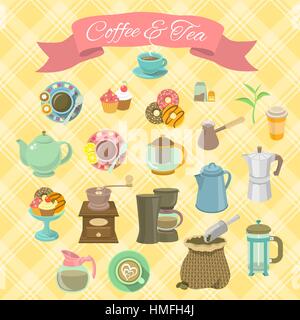 Set di piatti moderni illustrazioni vettoriali di accessori per il caffè e tea party, come manuale macinino da caffè, caffè e tè pentola, bollitore, caffè Illustrazione Vettoriale