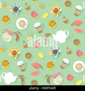Colorato senza giunture piatte vector pattern con tazze di caffè e tè, cappuccino, caffè e ciambelle dolci e carta tazza da caffè per la creazione di un sito web Illustrazione Vettoriale