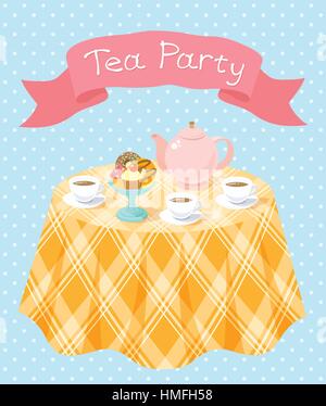 Piatto verticale illustrazione colorata di un partito di tè con un bollitore e tazze, ciambelle, tortine su una tabella e un nastro con la scritta. Tea party card Illustrazione Vettoriale