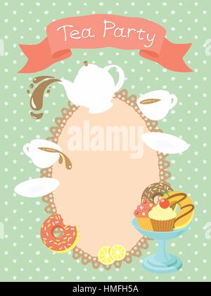 Piatti colorati illustrazione di un tea party invito card con un bollitore e tazze, ciambelle, tortine, un nastro con la scritta e uno spazio vuoto per tex Illustrazione Vettoriale