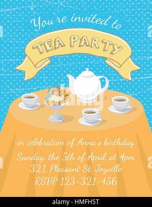 Appartamento moderno vettore tea party invito scheda con tazze di tè, teiera e dessert sul tavolo, con un'iscrizione e il nastro. Invito modello di scheda Illustrazione Vettoriale
