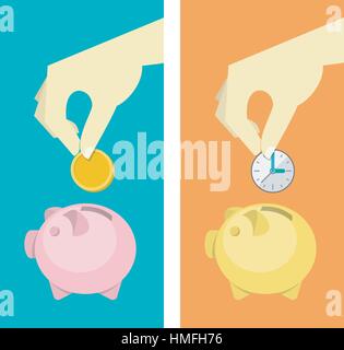 Concettuale stile piatto banner verticale del risparmio di tempo e soldi. Mano mette una moneta in un salvadanaio Illustrazione Vettoriale